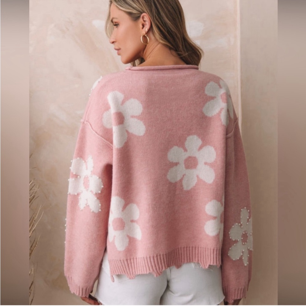 🍂Pearl Beaded Pink Spring Daisy Drop Shoulder Sweater - Picture 6 of 7